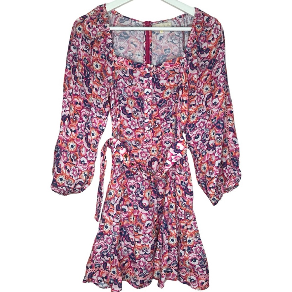 Paloma Blue Floral Pink Dress Belted Size XS